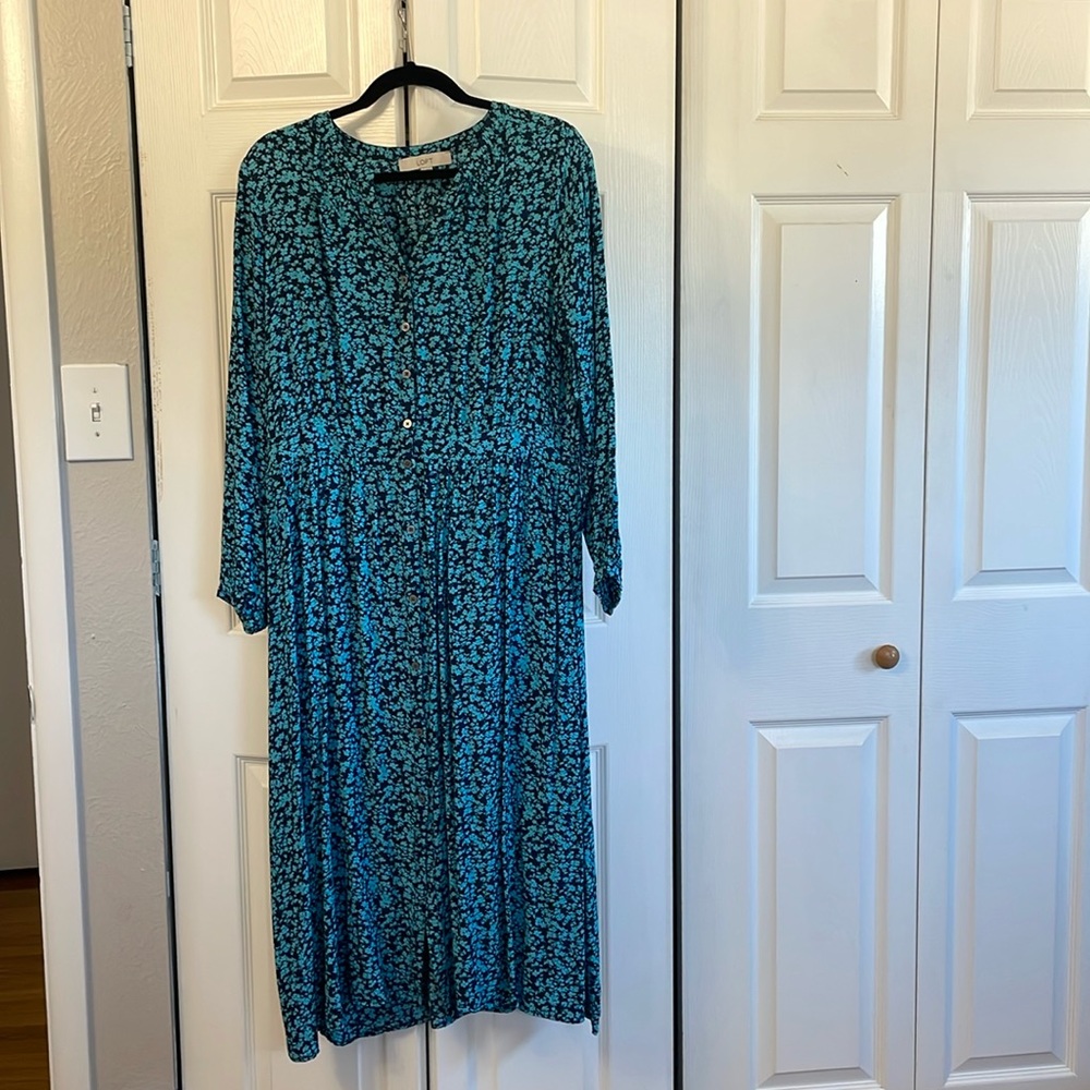 LOFT Blue Floral Button Front Long Sleeve MIDI Dress size 14